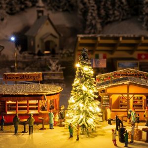 2 Christmas market stalls with moving figures