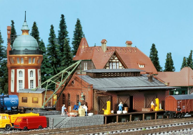 Goods shed with loading crane
